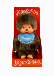 Sekiguchi 255040 - Original Monchhichi Junge, Plüschtier mit blauem Lätzchen und Zöpfen mit Schleifen, ca. 20 cm großes Kuscheltier aus braunem Plüsch, Braun