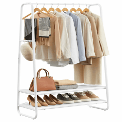 VASAGLE Kleiderständer, Garderobenständer, Garderobe, 2 Ablagen, 6 Haken in S-Form, Stahlgestell, für Schlafzimmer, Flur, Eingangsbereich, wolkenweiß-mattweiß RGR112W02