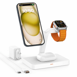 GEEKERA Wireless Charger, 3 in 1 Magnetische Ladestation für iPhone 16/15/14/13/12/Plus/Pro, Induktive Kabellose Ladestation für iWatch 10/9/8/7/6/SE/5, Schnelles Ladegerät für AirPods 4/Pro/3/2 Weiß