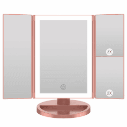 WEILY Schminkspiegel mit Beleuchtung, Kosmetikspiegel mit 1X/2X/3X Vergrößerung, Faltbare Schminkspiegel mit LED-Beleuchtung und Touchscreen, Tischspiegel Unterstützung USB und Batterie (Rosengold)