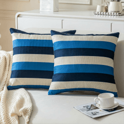 DakTou 2er Set Kissenbezüge 45x45 Blau Beige Modern Streifen Sofakissen Dekokissen Kissenbezug Leinen Kissenhülle Dekorative Zierkissenbezug für Sofa Couch Büro Bett Wohnzimmer