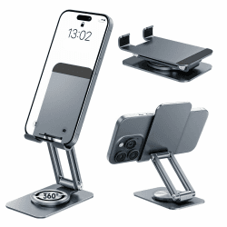 NEUTYPECHIC 360° Verstellbar Handy Ständer Tisch, Aluminiumlegierung Handy Ständer Klappbar für Grau, Verstellbare Handyhalterung mit Antirutschmatte aus Silikon für Mobiltelefone und Tablets