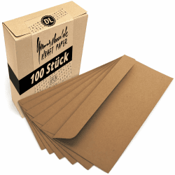 Japun – Briefumschläge (100 Stück) aus vintage Kraftpapier, Kuvert, Umschlag ohne Fenster - DIN lang - 220 x 110 mm - dunkelbraun