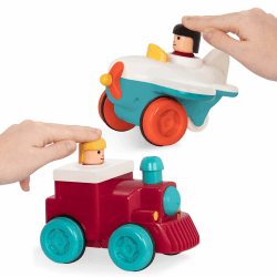 Battat 2er Set Flugzeug und Lokomotive zum Drücken, Zurückziehen und Loslassen – Motorikspielzeug Aufziehauto Fahrzeuge, Spielzeug Kinder ab 18 Monate