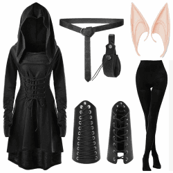 shengo Damen Mittelalterlich Kapuzenkleid Set,Schwarze Gothic Kleidung Renaissance Kleid mit Kapuze Lange Seeve, Gothic Elfen Damen für Halloween Karneval Cosplay