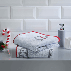 Fusion Handtuch-Set, Weihnachtspinguine, 100% Baumwolle, Jacquard, 2 Handtücher, 50 x 90 cm, Grau und Rot