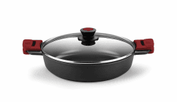 BRA Premiere | Niedriger Kochtopf 24 cm, Aluminiumguss, dreischichtig, verstärkte Antihaftbeschichtung, 2 abnehmbare Silikongriffe, geeignet für alle Herdarten einschließlich Induktion, Farbe Rot