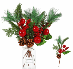 ilauke 6 Stück Tannenzweige Künstlich, Künstliche Tannenzweige mit Beeren und Tannenzapfen, Künstlich Weihnachten Tannenzweige Kiefernnadel Tannennadeln für DIY Weihnachtskranz Weihnachten Deko, Rot