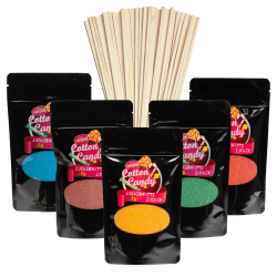 Zuckerwatte Zucker Set 5 x 200g Premium Aroma Zucker + Stäbe (5 x 200g + 50 Stäbe)