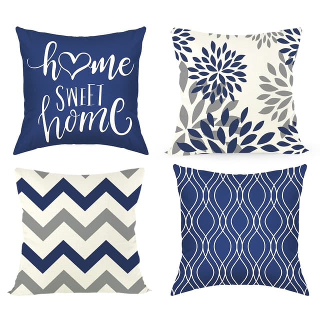 Joyshare Kissenbezug 45x45 4er Set,Dekorative Sofakissen Kissenbezüge Leinen,Home Sweet Home Blau Kissenhülle mit Verstecktem Reissverschluss,45×45cm Blau