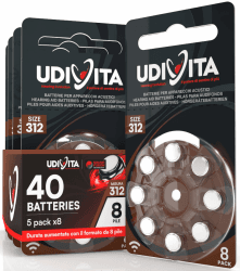40 Batterien für Hörgeräte Udivita Größe 312 (Braun) PR41 Zink-Luft mit Sound Fusion-Technologie – 5 Blister mit 8 Batterien