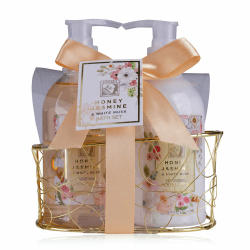 Accentra – Duschset Frauen Geschenkset HONEY JASMINE in wunderschönem Drahtkorb – 2-teiliges Pflegeset mit Duschgel und Bodylotion – Wellness Geschenk Set zum Geburtstag, Valentinstag & Weihnachten