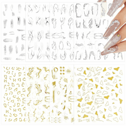 Nagelsticker 8 Blatt 3D Nail Art Sticker Selbstklebend Nagel Stickers für DIY Nagel Eine Vielzahl von Stilen Nagelaufkleber Silber Gold Dekoration Zubehör für Mädchen Maniküre Nageldesign