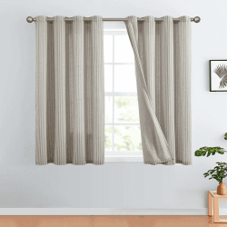 TOPICK Leinen Vorhänge Gestreifte Gardinen mit Ösen Modern Beige Leinenoptik Vorhang Wohnzimmer Privarsphäre Gardine Lichtfilterung Ösenschal mit Streifen Muster 2er Set 130x145 Grau auf Beige