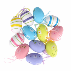 ENLACE Ostereier zum Aufhängen, 12 Stück Ostereier Plastik mit Schnur, Eier Ostern Deko, mit Verschiedenen Stilstreifen, Punkten, Blumen, Ostereier Kunststoff für Ostern Geschenk Osterdekoration
