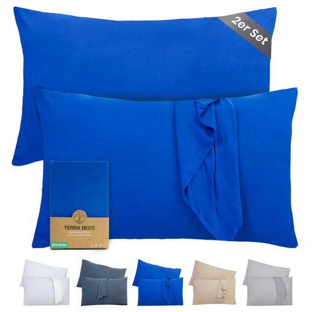 Terra Beds Kissenbezug 50x70 (Set mit 2) - 100% Baumwolle Jersey 160 g/m², Oeko-Tex Zertifiziert - Kopfkissenbezug 50x70 für Kissen 50x70 mit Reißverschluss, dehnbarem weich atmungsaktiv (Dunkelblau)