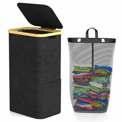 Hipsignal 105L Wäschekorb mit Deckel, Wäschesammler mit Abnehmbarem Wäschesack, Faltbarer Bambus-Wäscheschrank-Sortierer, Wäschesack, Laundry Baskets, Wäschekorb