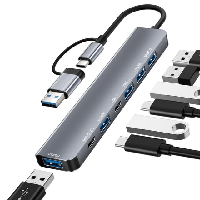 NEUTYPECHIC USB C HUB 3.0, 7 in 1 Docking Station USB C mit USB A 3.0 Port, 4 USB A 2.0 Ports, 2 USB C Ports, USB C Multiport Adapter mit USB und Type C Ladeanschluss, Kompatibel mit MacBook