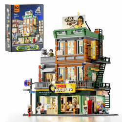 FUNWHOLE Plattenladen Beleuchtung Klemmbausteine Haus, Street Fusion City Town Audio Shop Multi-Form Modular Building Sammlung Kit 1980 Pcs für Erwachsene & Musikliebhaber,F9058,Record Store