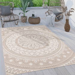 Paco Home Outdoor Teppich wetterfest & robust modernes Mandala & Boho Design pflegeleicht & flachgewebt für Balkon, Terrasse, Garten, Wohnzimmer & Küche Ethno Mandala, Grösse:160x220 cm, Farbe:Sand