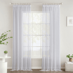 Woaboy Gardinen mit Kräuselband Fenster Voile Vorhänge Wohnzimmer Transparent Sheer Curtains Stores Gardine Schlafzimmer Modern Schlaufengardinen 2er Set 140x215cm (BxH) Weiß