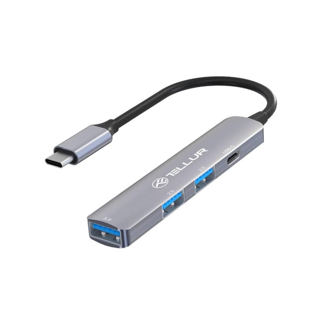 Tellur 4-in-1 USB-C 3.1 Hub, 2 USB 2.0 + 1 USB-C + 1 USB 3.0, Aluminium, Grau