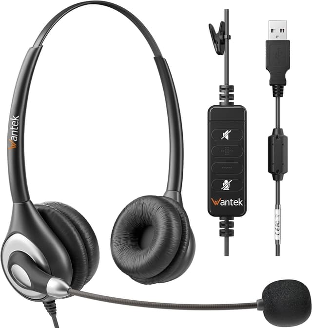 Wantek USB Headset mit Mikrofon für PC Laptop, Computer Headsets mit Mikrofon Noise Cancelling, Business Office Work Headsets mit Inline Lautstärkeregelung