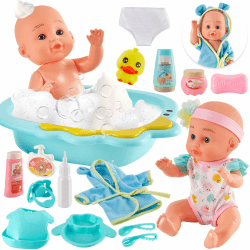 LINFUN KIDS Baby Puppen Spielset, Puppen Zubehör Baden mit Kleidung Puppenbadewanne Bademantel Badespielzeug, Puppenfütterset Puppenset Puppenspielzeug Rollenspiel Geschenk für Junge Mädchen 3 Jahre