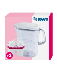 BWT Wasserfilter AQUAlizer 2,6l + 2 Magnesium Filterkartuschen. Wasserfilter Trinkwasser für Speisen & Getränke. Die Kanne filtert Kalk, Chlor, Blei & Kupfer. Tischwasserfilter Aktivkohle