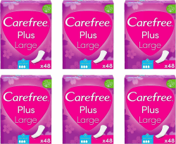Carefree Slipeinlagen Plus Large mit Frischeduft (6 x 48 Stück), extra breit und super saugstark, um Flüssigkeiten sofort einzuschließen, neutralisiert Gerüche, Größe Plus Large