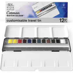 Winsor & Newton 0390453 Blue Box, 12 lebendige Wasserfarben aus hochwertigen Pigmenten in 1/2 Näpfen mit Mischpalette im Metallkasten Aquarellfarbe 12 - Aquarellfarben in X 1/2 Näpfe im Metallkasten