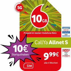 Vodafone Prepaid CallYa S | 10 GB | 10 EUR Startguthaben | ohne Vertrag | 5G-Netz | Telefon- SMS-Flat | EU-Roaming