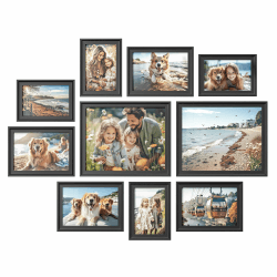 SONGMICS Bilderrahmen 10er Set, 16 Passepartouts, zwei 20 x 25 cm, vier 13 x 18 cm, vier 10 x 15 cm, aufhängen, aufstellen, Glas, 12 spurlose Wandhaken, aschschwarz RPF049B01