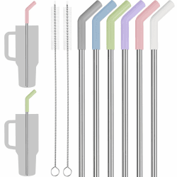 Tomorotec 6er-Pack Edelstahlstrohhalme mit bunten Silikonspitzen für 40oz Stanley Becher, 12" lang, BPA-frei, inklusive 2 Reinigungsbürsten, ideal für Zuhause und unterwegs.