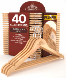 40 Kleiderbügel aus Holz Holzbügel RealGruccia Farbe Naturholz von Hosen Anzügen Hemden - mit Hosensteg Anti-Rutsch-Einkerbungen Drehbaren Hakens und Abgeschrägte Profile - 22x45cm