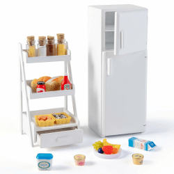1/12 Puppenhaus Miniatur Kühlschrank Set, 36 Pcs Aus Holz Mini DIY Puppenhausküche Möbelzubehör-Set, Kühlschrank, Lagerregal und Küchendekorationszubehör, für Puppenhaus-Liebhaber
