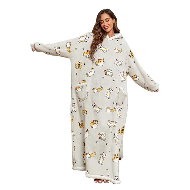 Sacebeleu Kuscheldecke mit Ärmeln,Oversized Weich Decke Hoodie Sweatshirt,Sherpa Kapuzenpullover für DamenHerren,Flauschige Flanell TV-Decke mit Ärmel,Tragbar Ganzkörperdecke,Grau Katze