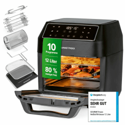 GOURMETmaxx Heißluftfritteuse 12 L Airfryer | Fritteuse mit 9 Funktionen, Touchdisplay, Dreh- & Schaschlikspießen | 10 Programme inkl. Pizza | Minibackofen 1700 W – nahezu ohne Öl