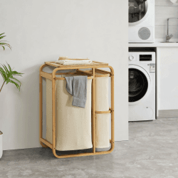[en.casa] Wäschesammler Evenes Wäschesortierer mit 3 Fächern 12-38 L Wäschekorb Wäschesack Wäschetrenner mit Ablage Wäschetonne Bambus Beige