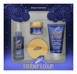 Feather & Down Geschenkset Sweet Dream mit Essentials für den Schlaf (50ml Kopfkissenspray, 50ml zartschmelzende Duschcreme, 16g Schlafbalsam & 50ml Schlaf-Körperbutter) – Ohne Tierversuche. Vegan.