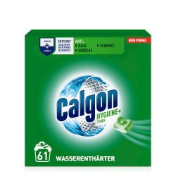 Calgon Hygiene+ Tabs – Schutz vor Kalkablagerungen und Schmutz – Wasserenthärter mit Hygieneschutz für die Waschmaschine – 1 x 61 Tabs Unparfümiert