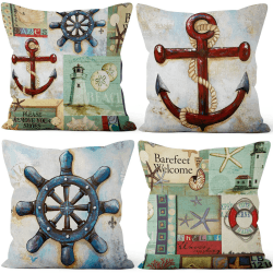 Aoihrraan 41x41cm 4er Set Dekorativ Retro Nautisch Segeln Kissenbezug Anker Navigation Kompass Segelboot Zierkissenbezug Quadratische Couchkissen Dekokissen Junge Schlafzimmer Wohnzimmer Sofa Couch 41 x 41 cm, 4 Stück Retro Nautisch