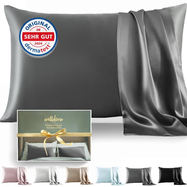 Welldora Kissenbezug aus 100% Seide 50x70 | Hohes Gewicht: 22 Momme, ideal für Haut und Haar | Höchste Güteklasse 6A | Zertifiziert in der Schweiz | Oeko-Tex* Seidenkissenbezug Schiefergrau