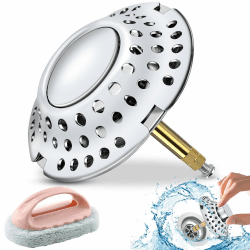 SDwfxd 1 STK 2-in-1 Badewannenstöpsel, 72mm Messing Höhenverstellbar Abflusssieb Badewanne Haarfänger, mit 1 STK Scheuerpads Bürsten, Stöpsel Badewanne mit Filtrierung Gestaltung für Badezimmer