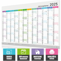 XXL Wandkalender 2025 - Jahresplaner A1 (84x59 cm), Wandplaner mit Kalenderwochen, Feiertagen - Großformat Kalender für Büro, Familie und Schule – Jahreskalender, Wall Calender, Plakatkalender Farbig