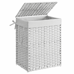SONGMICS Wäschekorb 90 Liter, handgeflochten, Wäschesammler aus synthetischem Rattan, mit Deckel und Griffen, faltbar, Wäschesack herausnehmbar, weiß LCB51WT