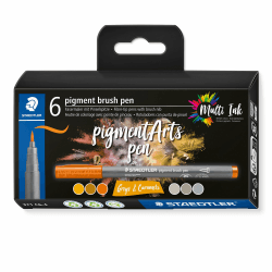 STAEDTLER brush pen pigment Arts, greys & caramels, Premium-Zeichentusche, Pinselspitze für variable Linienbreite, wasserfest, 6 brush pens in sortierten Farben im Kartonetui, 371 C6-4 brush 1 stück (1er Pack) grau/karamel