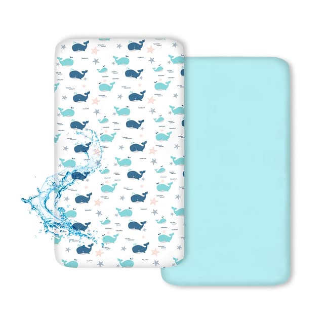 Bimocosy Matratzenbezug Spannbettlaken Bettlaken 2er Pack, Wal Muster 100% Wasserdicht mit Gummiband, Wassergrün, 70x140cm,Oeko-TEX Standard 100 Zertifiziert