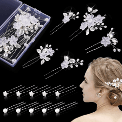 15 Stück Haarschmuck Hochzeit Set, Hochzeit Haarnadeln mit Perlen und Blume, U-förmig Haarspangen Strass, Haarnadeln Hochzeit, für Braut und Brautjungfer(Silber, 3 Stil)