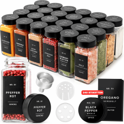 EDELHAUS Gewürzgläser Eckig Set mit Deckel (24 x 120ml) Gewürzstreuer mit Streueinsatz und 240 Etiketten Schwarz - Hochwertige Gewürzbehälter, Gewürzdosen, Gewürze organizer [10,7cm x 4,5cm]